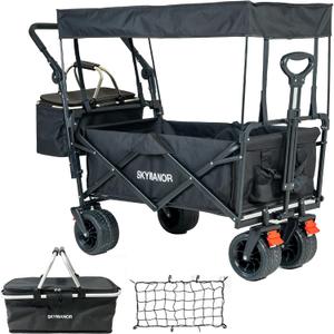 Collapsible Wagon Folding Garden Cart with Removable Canopy Utility Wagon Cart with All-Terrain Wheels Brake Beach Cart for Sand Heavy Duty Beach Wagon for Camping Shopping (Black)