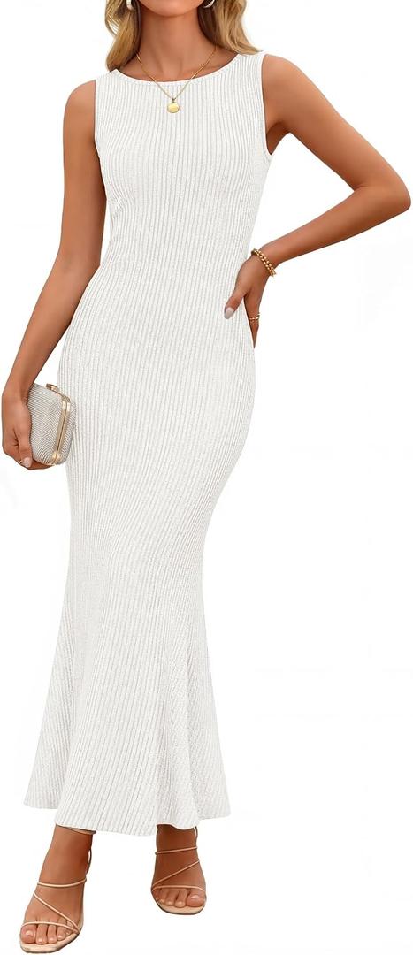 ZESICA Women's Summer Spring Sleeveless Knit Maxi Dress 2026 Boat Neck Bodycon Casual Vacation Party Sweater Dresses (White, L)