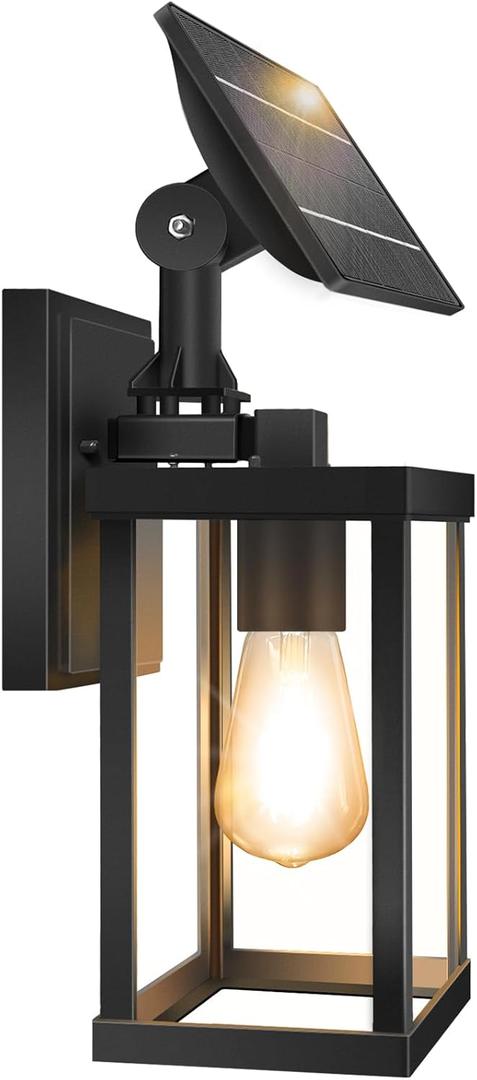 Solar Outdoor Wall Lights - Dusk to Dawn Exterior Waterproof Lanterns with E26 Socket & Glass Shade, Porch Sconces for Front Door Entryway (Black(1 Pack))