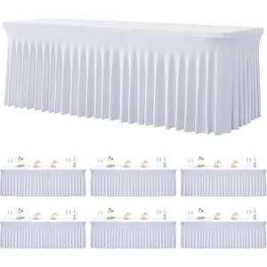 6 Pack Spandex White Tablesloths for 8 Foot Rectangle Tables, Stretchy Table Cloths 8ft Fitted Table Cover Desk Skirt for Parties Weddings Birthday Banquet Baby Shower