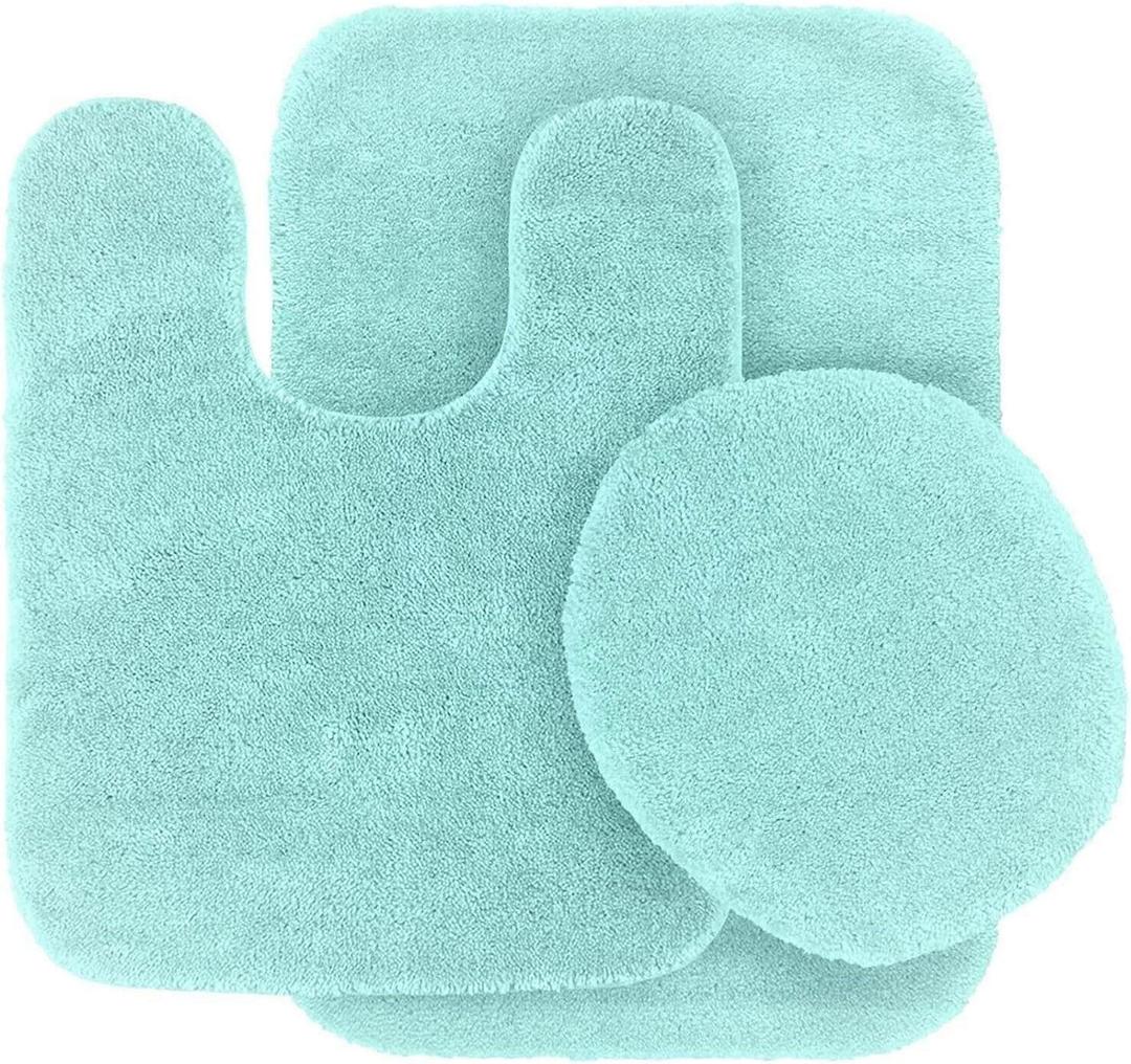 #6 Bath Mat, Contour Mat, and Lid Cover, with Rubber Backing Bathroom Set 3 Piece Solid Assorted Colors (Mint Green)