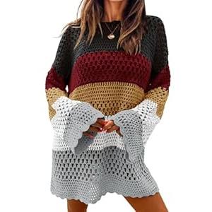 Langwyqu Womens Summer Crochet Swimsuit Coverup Long Sleeve Crewneck Color Block Bathing Suit Swimwear Cover Ups Beach Dress (BLack- L)