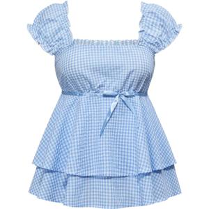 MakeMeChic Women's Y2K Cute Plaid Gingham Cap Sleeve Blouse Square Neck Tiered Ruffle Shirred Tops, M