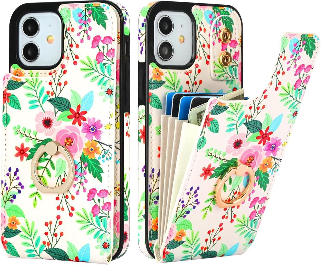 iPhone 12/ iPhone 12 Pro Wallet Case with Card Holder, 360°Rotation Ring Kickstand, Colorful Florals Pattern, RFID Blocking Leather for Girls Women, Double Buttons Protective Cover 6.1"