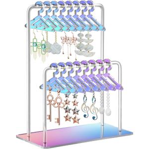 NiHome Acrylic Earring Holder with Unique Double-Tiered Design, Miniature Clothing Hangers with Spacious Storage for 48 Pairs, Mirror-Finish Display for Home Vanity & Retail Showrooms (Iridescent)