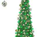 Timer & Shamrock - St Patricks Day Decorations, 5Ft Lighted St Patricks Day Tree with 50 LED Warm Lights 12 Balls Ornaments Battery Operated Pop Up Tinsel Collapsible Tree for Home Porch Office Party