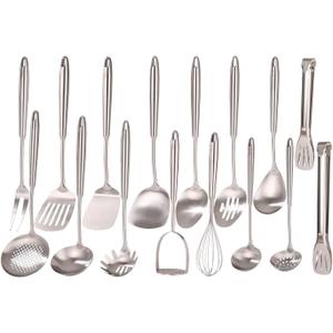18/10 Stainless Steel Cooking Utensils Set - 16 PCS All Metal Serving Utensils, Kitchen Tools - Whisk, Masher, Fork, Tongs, Solid/Slotted Spoon, Spatula, Turner, Ladle, Skimmer, Pasta, Large Spoon Set