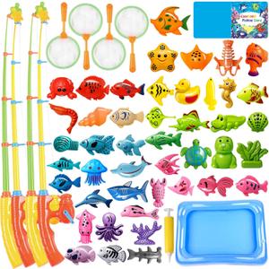 CozyBomB Magnetic Fishing Toys Game Set for Kids | Water Table Bathtub Kiddie Pool Party Pole Rod Net, Outdoor Plastic Floating Fish, Toddler Bath Color Ocean Sea Animals Birthday Gift Age 3-5 6 4-8