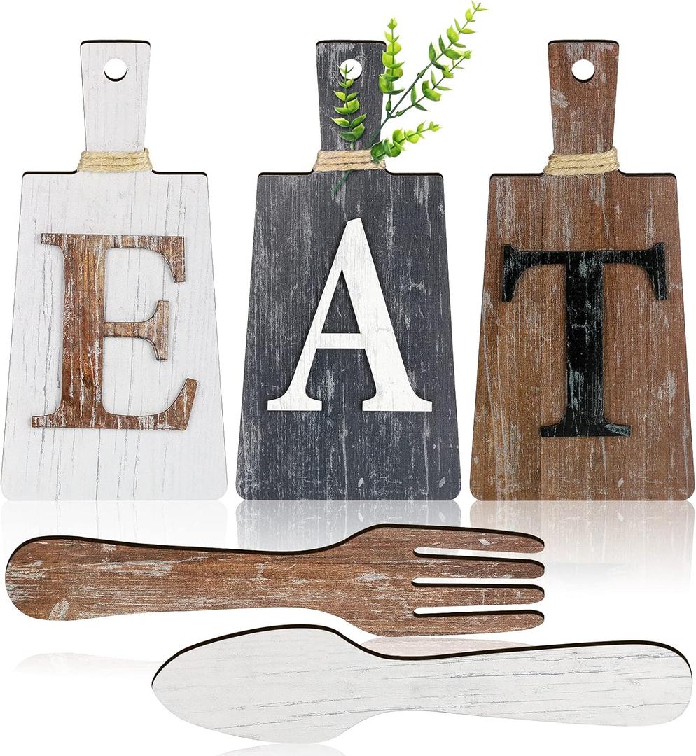 Jetec Cutting Board Eat Sign Set Hanging Art Kitchen Eat Sign Fork and Spoon Wall Decor Rustic Primitive Country Farmhouse Kitchen Decor for Home Decoration(White, Grey,brown)