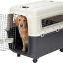 SportPet Airline Compliant X-LARGE 32.25" Travel Dog Kennel-Durable Plastic Airline Pet Carrier w/Removable Wheels & Food Bowls, Collapsible Indoor/Outdoor Dog Kennel, Dog up to 32"L & 23"H-Cream/Gray