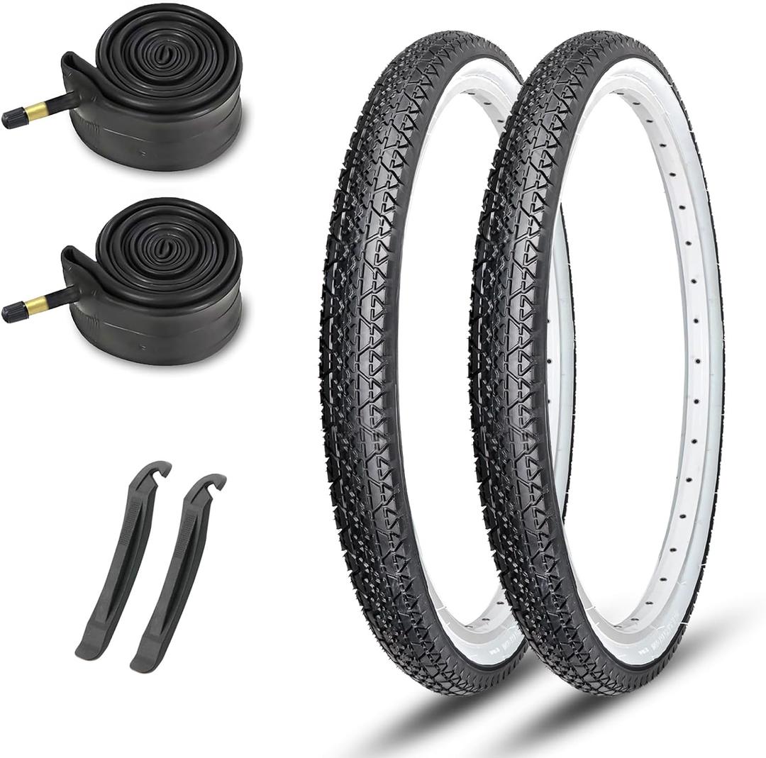 26x2.125 Cruiser Bike Tires: MOHEGIA 2-Pack 26 Inch Folding Tires with Pair Bike Tubes & Tire Levers Replacement Set for Beach Cruiser and Urban Commuting Bicycle (Black/White Sidewall)