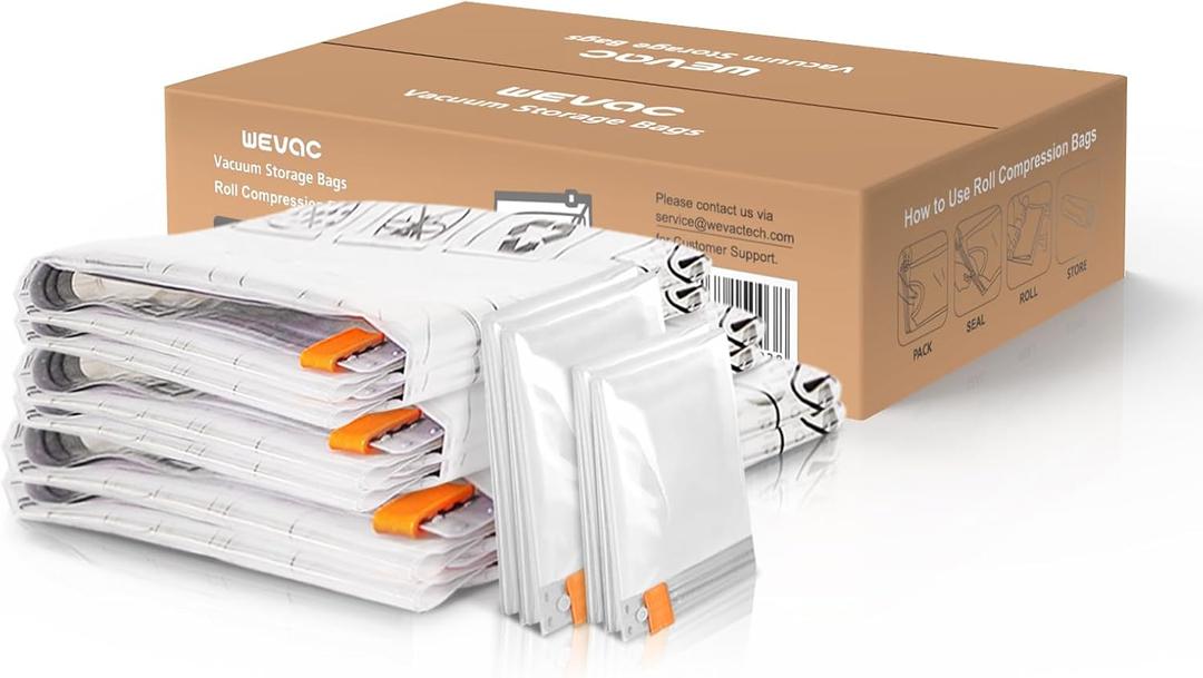 Wevac 10 Pack Vacuum Storage Bags (2 Jumbo/2 Large/2 Medium/4 Rolling Bag) | Space Saver | Rapid Vacuum | Double Zip Seal | Clip Stopper | Ideal for Clothes, Blankets Compression and Travelling