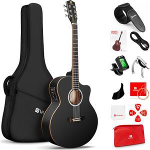 Vangoa Acoustic Electric Guitar Kit, 41" Jumbo Electro-acoustic Guitars Beginner Set, Cutaway Wood Binding Guitar Bundle with Pickup & EQs, Starter Intermediate Guitar for Adults Teens, Matte Black
