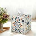 Floral Tissue Box Holder, Scandinavian Leather Tissue Box Cover Square, Paper Napkins Everyday Dispenser for Bathroom Vanity Countertop Night Stands Kitchen Office Car Home Decor