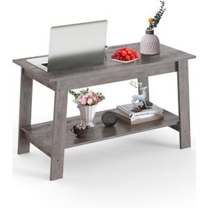 31.49" Industrial Coffee Table, Farmhouse Nightstand Set of 2-Tier Storage Side Tables with Rustic Wood Finish for Bedroom/Living Room, Narrow Space-Saving Design, Grey