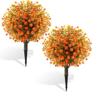 Yunlly 2 Pcs Outdoor Artificial Topiary Ball Trees 22" with Colorful Flowers, Boxwood Fake Bushes Shrubs with Spike, UV Resistant Evergreen Plants for Front Porch Garden Decor (Fall Orangegreen)