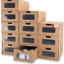 Shoe Box 12 Pack,13.2 x 8.3 x 5.1in Waterproof Storage Boxes, Socks, Stationery, Toys, Underwear,Heavy Duty,Stack-able Cardboard Boxes,with Marking Labels,Transparent Window