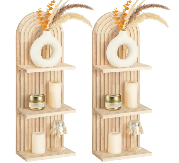 Geetery 2 Pcs Arch Wood Floating Shelf Mid Century Rainbow Wall Shelves Modern Boho Wall Shelf Retro Mounted Wood Arch Decor for Bedroom Living Room Classroom Bathroom Display(3 Tier)