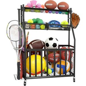 Sports Equipment Garage Organizer, Indoor/Outdoor Sports Rack for Garage,Ball Storage Garage Organizer with Basket, Hooks and Wheels, Toy/Sports Gear Storage