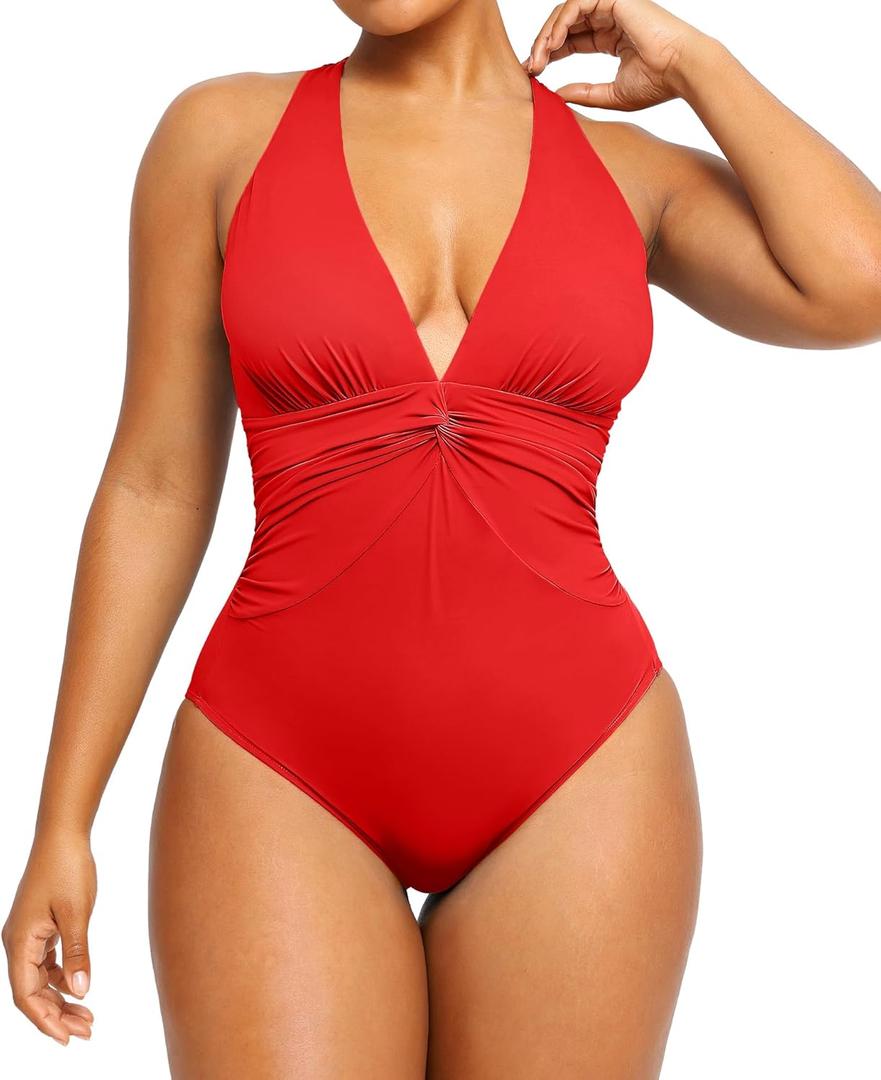 SHAPELLX Women's One Piece Swimsuit Tummy Control Ruched Full Coverage Bathing Suit V Neck Slimming Swimwear (Large, Red)