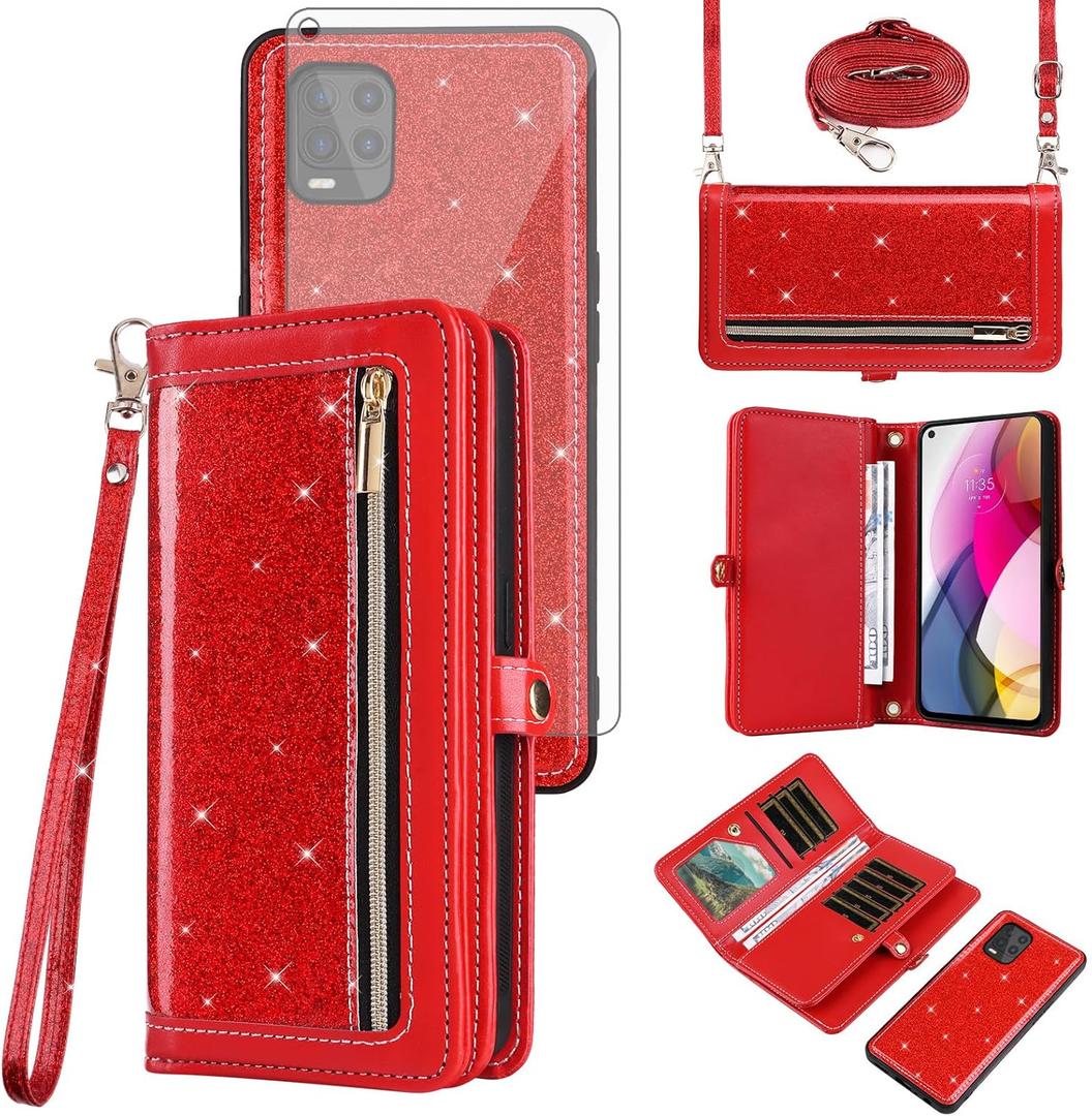 Asuwish Phone Case for Moto G Stylus 5G 2021 Zipper Wallet Cell Cover with Tempered Glass Screen Protector Strap Bling Glitter Flip Card Holder Slot Motorola GStylus G5 XT2131DL Women Men Girls Red