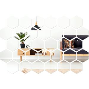 Shappy 32 Pcs Hexagon Mirror Wall Stickers Removable Silver Acrylic Mirror Stickers Honeycomb Decals for DIY Home Art Bedroom Living Room Wall Decoration(12.6 x 11 x 6.3 cm)