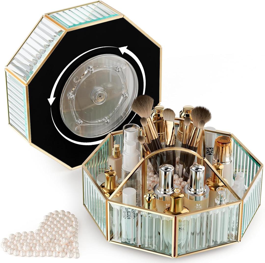 360 Rotating Makeup Organizer Spinning Vanity Organizer with Makeup Brush Holder for Countertop, Bathroom Storage, Skincare, Perfume & Cosmetic Organizer for Vanity (Clear)
