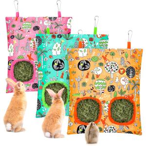 UPINS 3 Hay Bag for Rabbits 2-Hole Hanging Hay Feeder Guinea Pig Hay Bags, Hay Feeder for Chinchillas Rabbits Hamsters Small Pets and Animals(Forest Color System)