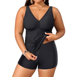 Yonique Womens Plus Size Swimsuits with Shorts Tummy Control Tankini Two Piece Bathing Suits Athletic Swimwear (Black), 16 Plus