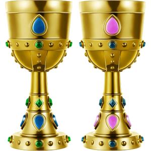 Suclain 2 Pcs Medieval Molded Crown Goblets 8 oz Gold Jeweled chalice Vintage Plastic Goblet King Queen Party Chalice Medieval Party Decorations for Carnival Drinking Supplies