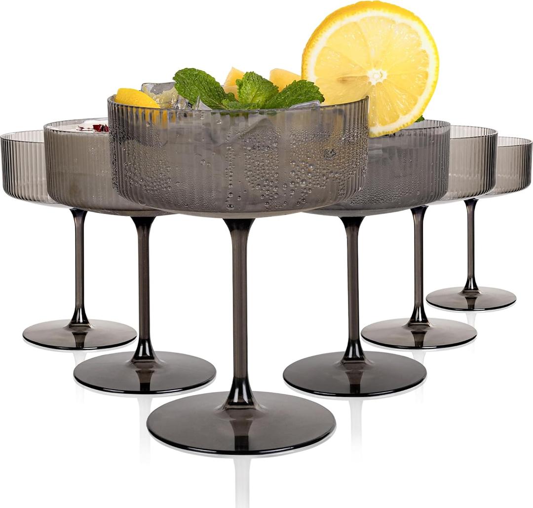 Ciaell 12PCS Plastic Ribbed Martini Glasses - 10 Oz Black Disposable Coupe Glasses with Stem - Heavy Duty Margarita Cups for Bars, Cocktails, Whiskey, Parties & Wedding