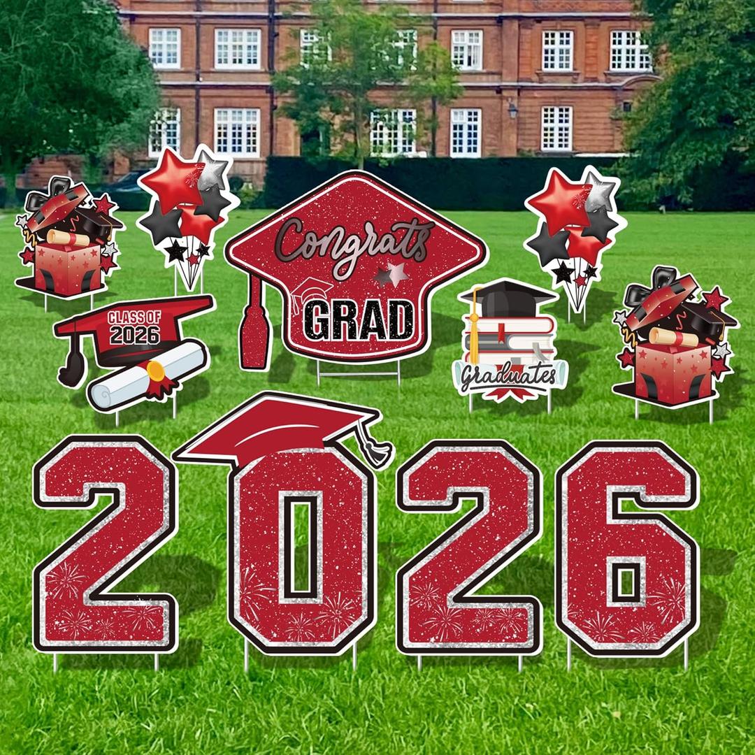 Large 11 PCS Graduation Yard Signs, Class of 2026 Congrats Grad Outdoor Lawn Yard Sign with Stakes, Graduate Yard Decorations for College High School Party, Black and Red