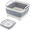 Collapsible Dish Basin with Drain Plug, 9L 2.4 Gallon Portable Wash Basin Dishpan Space Saving Dish Washing Tub Foldable Sink Tub Kitchen Storage Tray Grey (Gray)