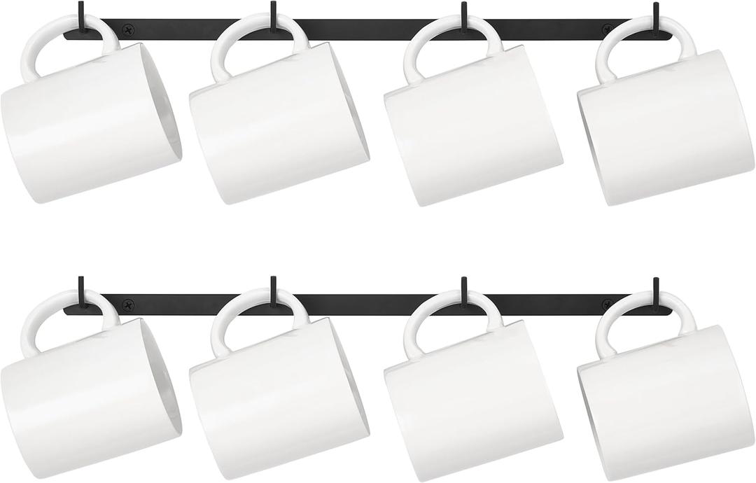 Dahey Metal Coffee Mug Rack Wall Mounted with 8 Hooks, Set of 2, Mug Display Rack Cup Holder Storage for Kitchen Dining Room Coffee Bar, Black