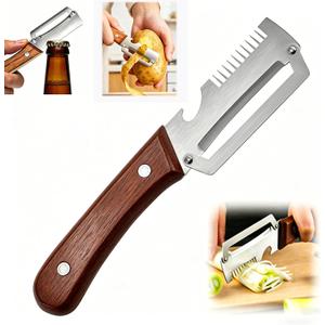 2 x Multi-Functional Vegetable Peeler for Kitchen with Wooden Handle and Bottle Opener, 3 in 1 Stainless Steel Green Onion Slicer Kitchen Tool for Fruit Potato Pumpkin Apple carrot Papaya, Non-Slip Handle