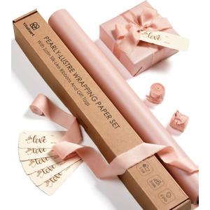 Vitalizart Pink Wrapping Paper Set 17" Pearly-Lustre With Silk Like Satin Ribbon & Gift Tags Recyclable Christmas Gift Wrapping Birthday Baby Shower Wedding Handmade Crafts 197"(16.4 Ft)