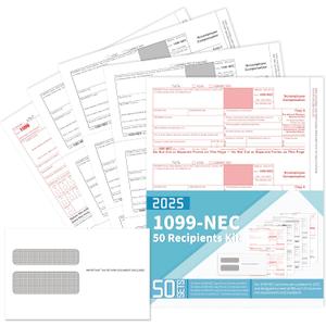 1099 NEC Forms 2025 with Envelopes, 50 Recipients 2025 1099 NEC Tax Forms, 4 Part Kit, Compatible with Accounting, 50 Self Seal Envelopes, Includes 3 1096 Forms