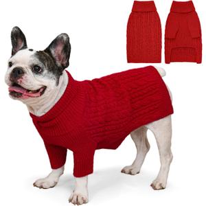 Dog Sweater Turtleneck Pullover Cable Knit for Boys Girls Medium Dogs Frenchie Dachshund Corgi Beagle Winter Stretch Clothes Long Sleeves (M, Red)