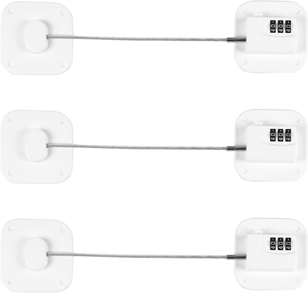 Refrigerator Lock, Heavy Duty Fridge Lock, Combination Lock for Refrigerator Cabinets, Drawers, Safety, Easy Install No Keys Needed (White-3Pack)