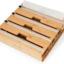 4-in-1 Bamboo Wrap Organizer with Cutter  Holds Plastic Wrap, Foil, Parchment & Paper Towels  Drawer or Countertop Use  Durable Bamboo Dispenser with Labels
