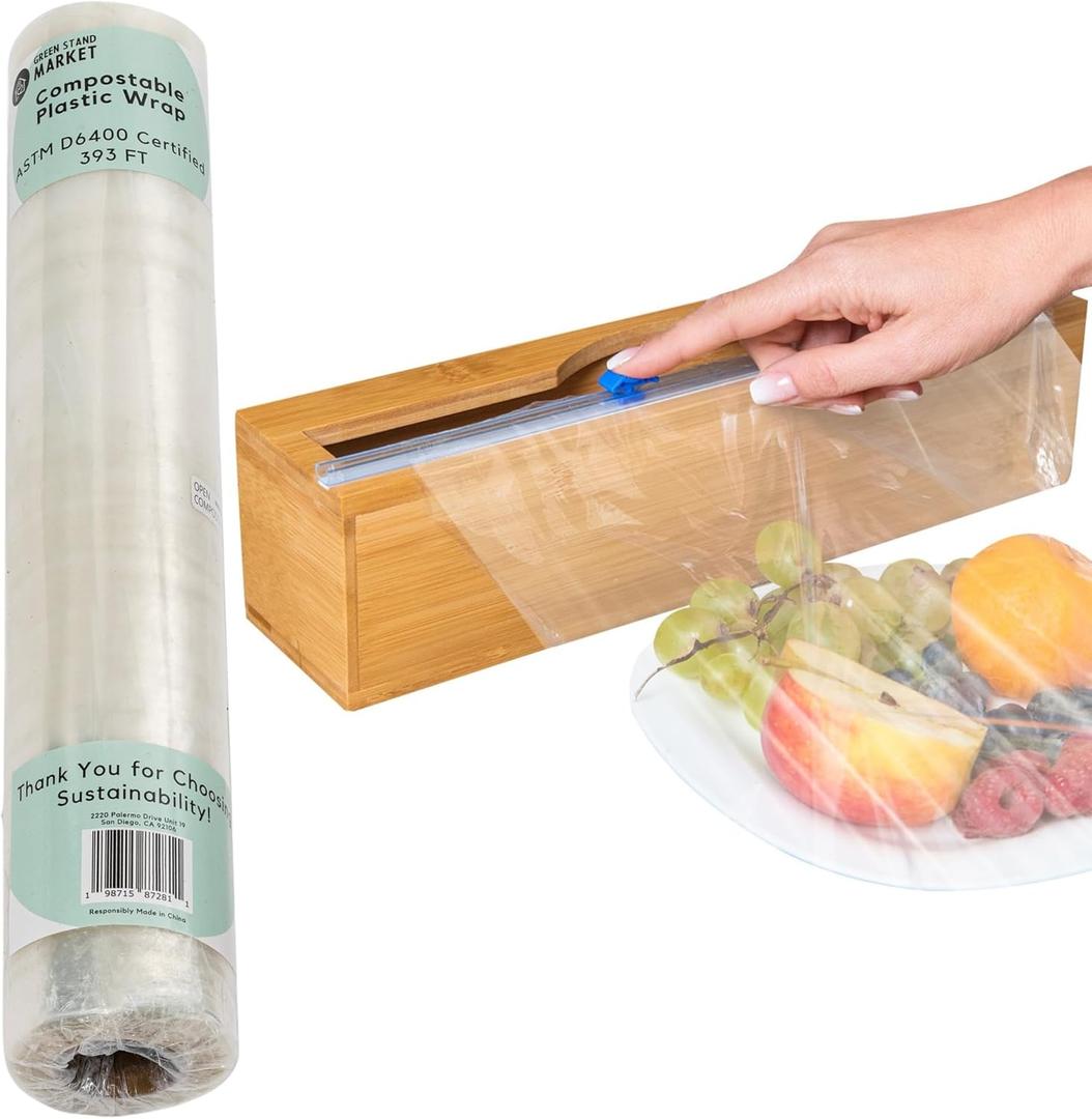 Compostable Plastic Wrap for Food with Dispenser & Cutter  400 Sq Ft Roll, ASTM D6400 Certified