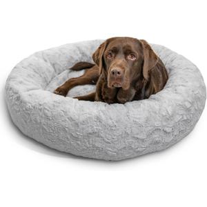 Best Friends by Sheri The Original Calming Donut Dog Bed for Large Dogs up to 100 lbs, Lux Faux Fur, Gray, 36" x 36"