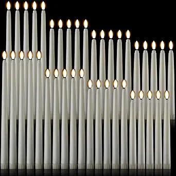 Baquler 40 Pcs Flameless Taper Candles LED Flickering Taper Bulk Battery Operated Flameless Candle for Halloween Christmas Birthday Wedding Decoration, 8.5/9.7/10.8/12.8 Inch (Ivory)