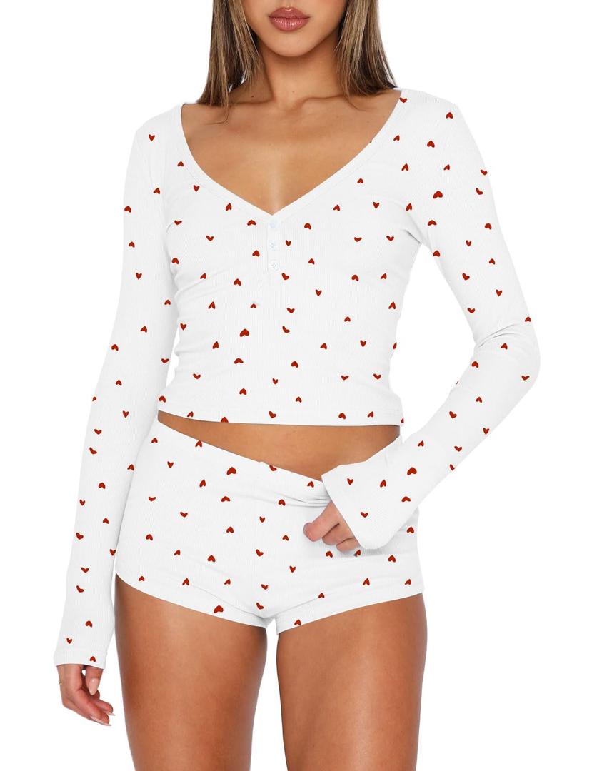 Ezbelle Lounge Set 2 Piece for Women Matching Loungewear Shorts Pajama Outfit Button Down Cropped Shirt V Neck Pjs Floral Sexy Set White Heart XS