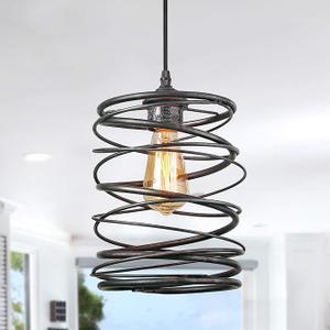 LNC Pendant Lighting for for Kitchen Island，Rustic Farmhouse Brown Rust Cage Hanging Lamp, Antique Silver Black, A03292