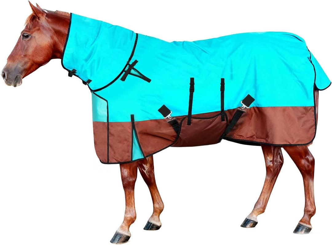 78" Waterproof Breathable Horse Blanket (No Fill), 600D Oxford Cloth Winter Turnout Rain Sheet with Removable Neck Cover, Windproof Tail Flap and Belly Wrap, Suitable for Stables, Pastures, Paddock