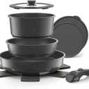 YASHE 9Pcs Granite Nonstick Pots and Pans Set, Stackable, Oven Safe | Non-Toxic Cookware Set with Detachable Handle for RVs, Camping, PFOS/PFOA-Free Induction Compatible