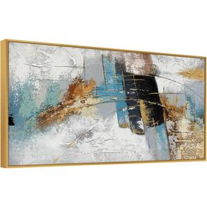 Large 100% Handmade Abstract Oil Painting with Frame Modern Original Hand Painted Heavy Textured Wall Painting Blue Gold Grey Canvas Wall Art Wall Decor for Living Room Bedroom Office Hang 60x30 inch