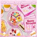 168 PCS Pink Cartoon Happy Birthday Party Decorations Set - Pink Cartoon Theme Plates Napkins Disposable Paper Cups Tableware Set Birthday Party Supplies for Boys Girls
