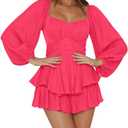 LYANER Women's Jumpsuit Lantern Long Sleeve Ruffle Layer Tie Mini Short Romper, Red Pink, Medium